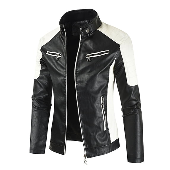 IYTR Mens Jackets Patchwork Long Sleeve Jacket Casual Plus Velvet Leather Jacket with Pocket Zipper Stand-up Collar Black L