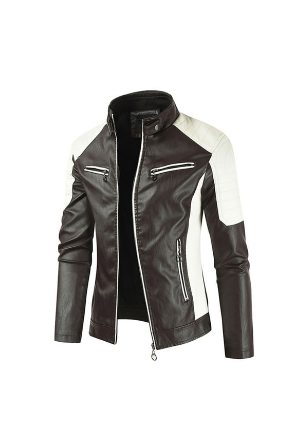 Mens Jackets Patchwork Long Sleeve Jacket Casual Plus Velvet Leather Jacket with Pocket Zipper Stand-up Collar Coffee L