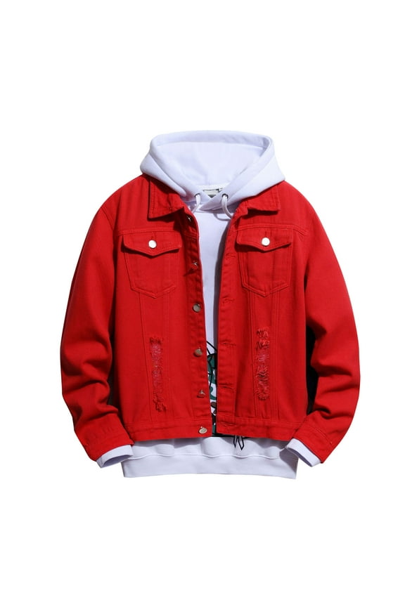 Mens Jackets Plus Size Loose Stitching Jacket with Pocket Patchwork Long Sleeve Jacket Button Up Turndown Collar Red L