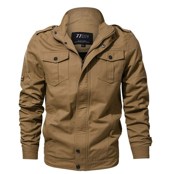 IYTR Mens Jackets Solid Color Long Sleeve Jacket Button Zipper Lapel Loose Leather Jackets Coat with Pocket Khaki L
