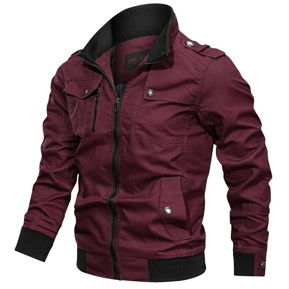 IYTR Mens Jackets Solid Color Long Sleeve Jacket Zipper Stand-up Collar Casual Outdoor Sports Coats with Pocket Wine L