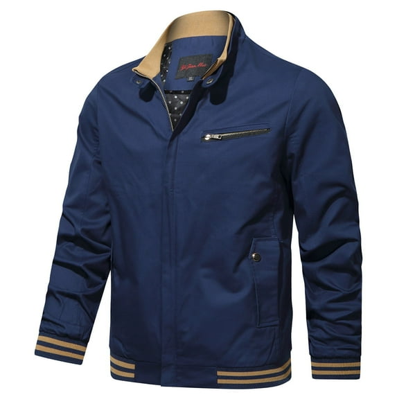 IYTR Mens Jackets Solid Color Long Sleeve Jacket Zipper Stand-up Collar Leisure Sport Jackets Coats with Pocket Dark Blue M