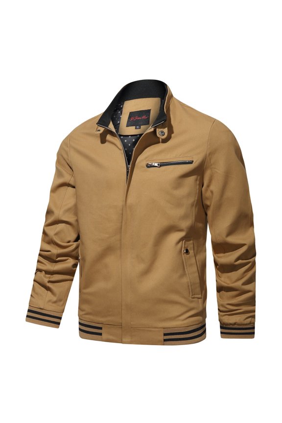 Mens Jackets Solid Color Long Sleeve Jacket Zipper Stand-up Collar Leisure Sport Jackets Coats with Pocket Khaki L