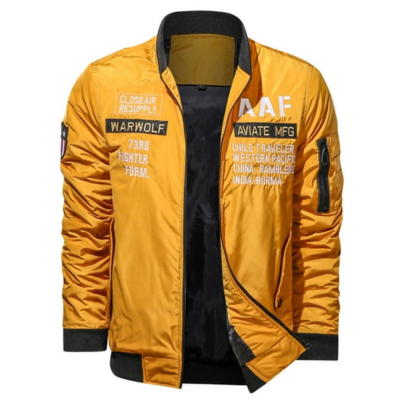 IYTR Mens Jackets Zipper Stand-up Collar Solid Color Long Sleeve Jacket Leisure Winter Warm Jackets with Pocket Yellow L