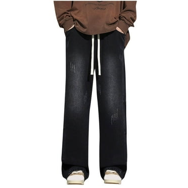 IYTR Mens Jean Pants Straight Leg Pants Elastic Waist Drawstring Casual Pants Streetwear With Pockets Solid Color Black L