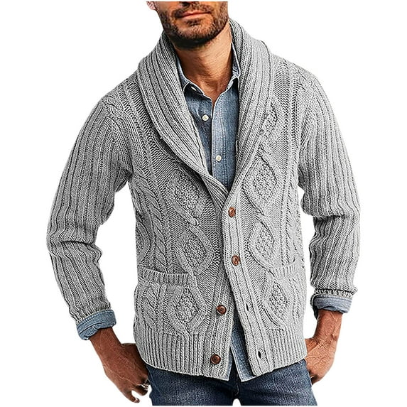 IYTR Mens Knit Coat Fashion Knit Ethnic Style Coat Solid Color Long Sleeve Jacket Button Up Turndown Collar Gray XL