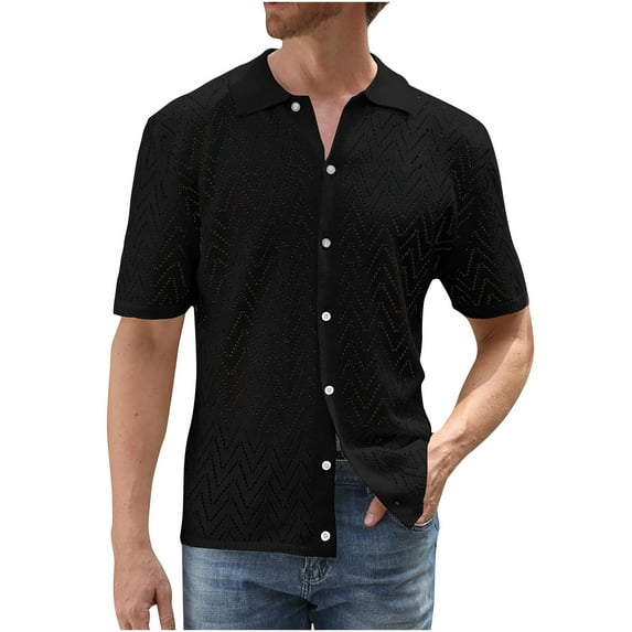 IYTR Mens Knit Shirts Short Sleeve T Shirts Comfy Button Up Turndown Collar Casual Solid Color Summer Fashion Regular Fit Beach Shirt Black M