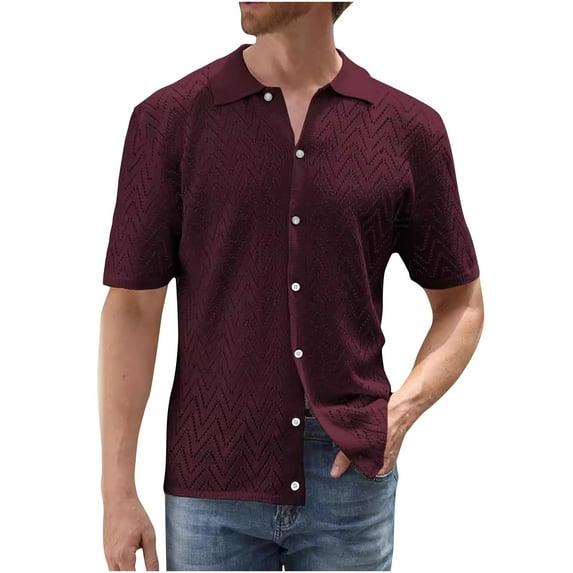 IYTR Mens Knit Shirts Short Sleeve T Shirts Comfy Button Up Turndown Collar Casual Solid Color Summer Fashion Regular Fit Beach Shirt Purple L