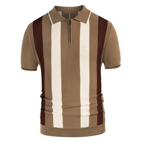 IYTR Mens Knit Shirts Zipper Turndown Collar Casual Patchwork Comfy Short Sleeve Summer T Shirts Thin Breathable Athletic Shirts Brown XL
