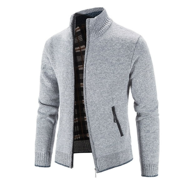IYTR Mens Knit Sweater Coat Solid Color Long Sleeve Jacket Zipper Stand-up Collar Casual Warm Knit Coats with Pocket Gray XXXL