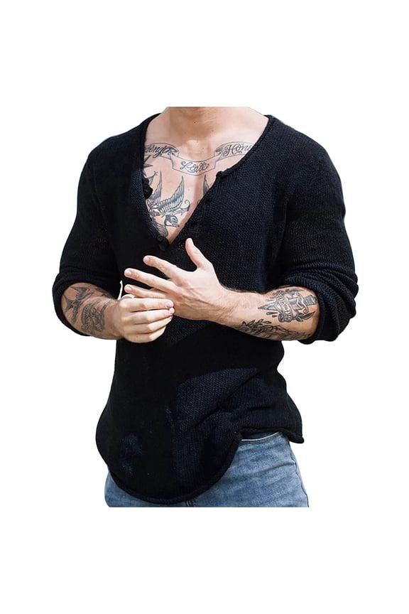 Mens Knit Sweater Long Sleeve Jacket Pullover V-Neck Casual Pullover Knit Bottoms Jacket Solid Color Black XL