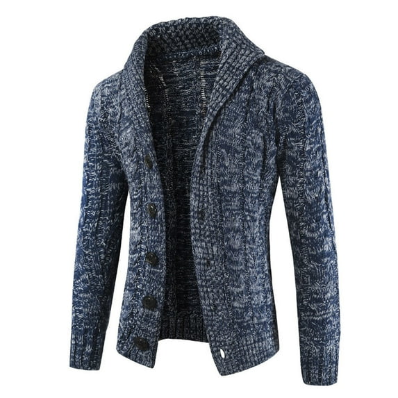 IYTR Mens Knitting Cardigan Sweater Coat Solid Color Long Sleeve Jacket Button Up Turndown Collar Leiusre Sweater Coat Tops Navy XXL
