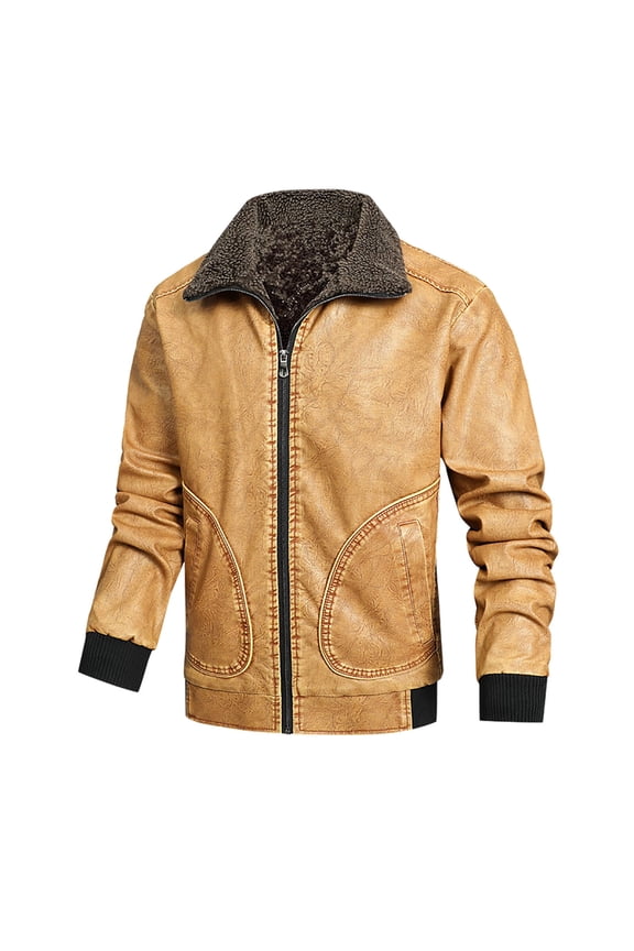 Mens Leather Jackets Leisure Plus Velvet Padded Warm Jackets with Pocket Solid Color Zipper Lapel Long Sleeve Jacket Yellow S