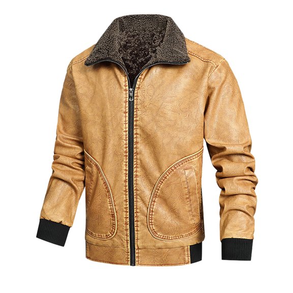 IYTR Mens Leather Jackets Leisure Plus Velvet Padded Warm Jackets with Pocket Solid Color Zipper Lapel Long Sleeve Jacket Yellow XXL