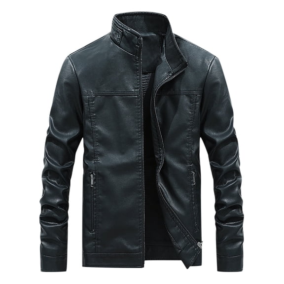 IYTR Mens Leather Jackets Solid Color Long Sleeve Jacket Zipper Stand-up Collar Leisure Leather Jacket Coat with Pocket Black L