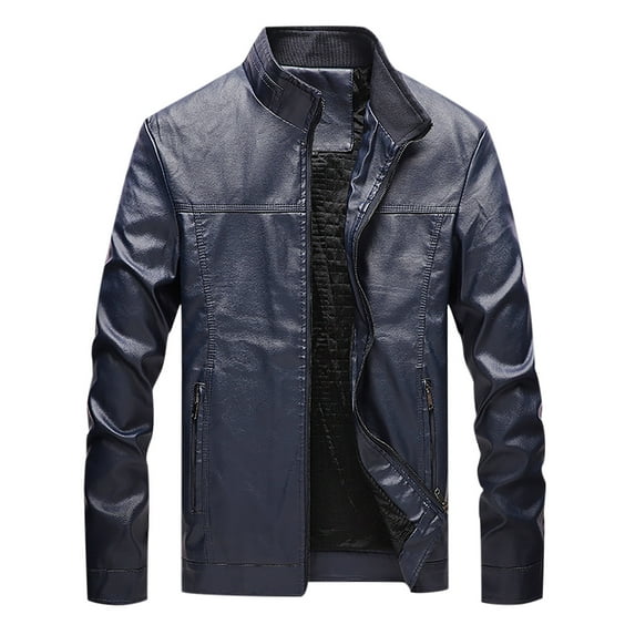 IYTR Mens Leather Jackets Solid Color Long Sleeve Jacket Zipper Stand-up Collar Leisure Leather Jacket Coat with Pocket Dark Blue XL