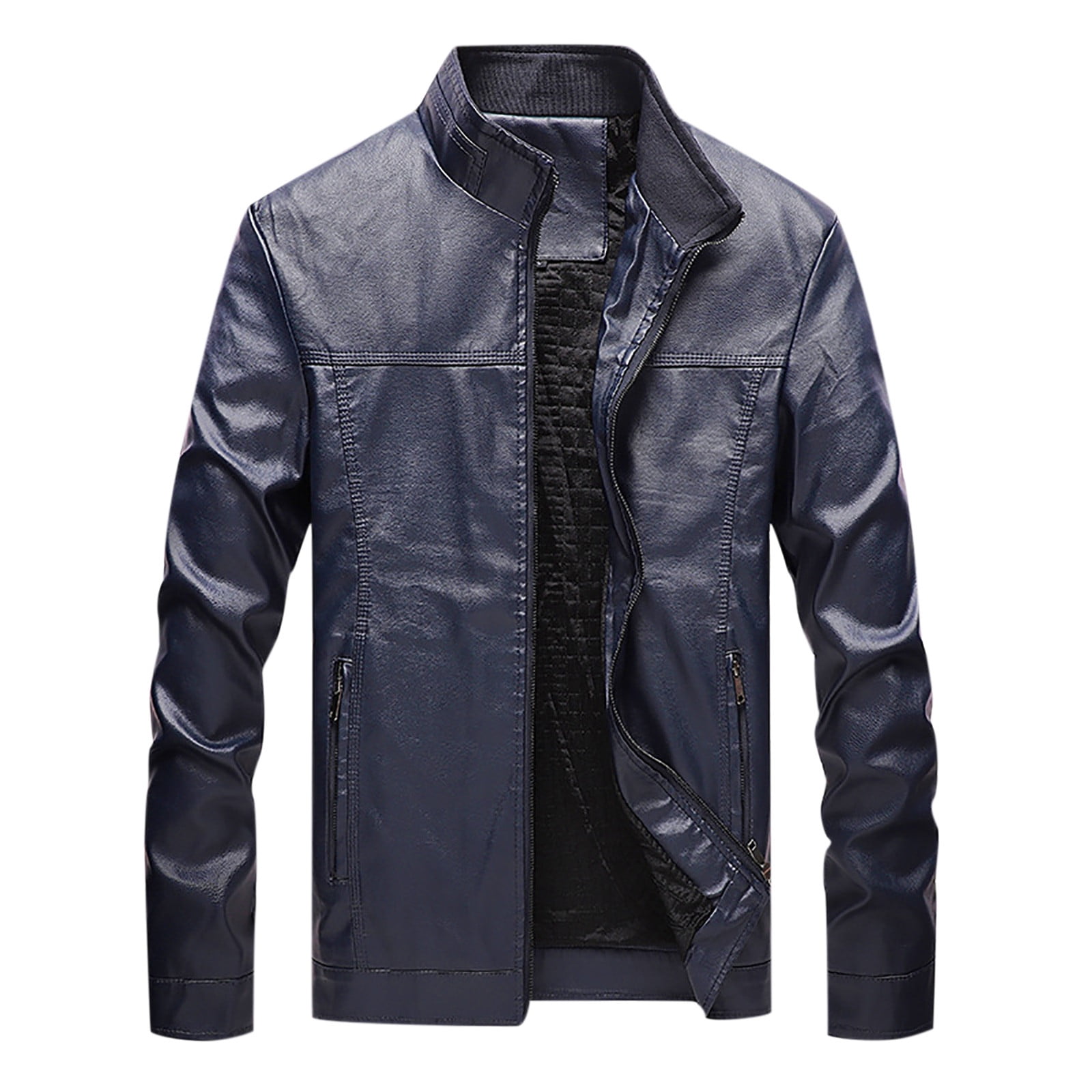IYTR Mens Leather Jackets Solid Color Long Sleeve Jacket Zipper Stand-up Collar Leisure Leather Jacket Coat with Pocket Dark Blue XXXXL