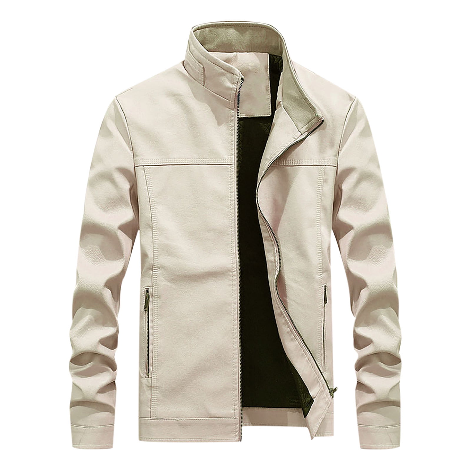 IYTR Mens Leather Jackets Solid Color Long Sleeve Jacket Zipper Stand-up Collar Leisure Leather Jacket Coat with Pocket White M