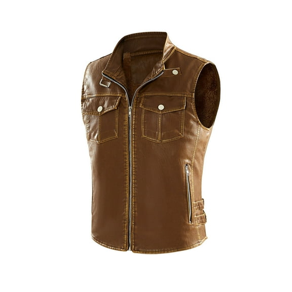 IYTR Mens Leather Outwear Jackets Zipper Stand-Up Collar Solid Color Fashion Leather Motorcycle Jacket with Pocket Sleeveless Jacket Khaki L
