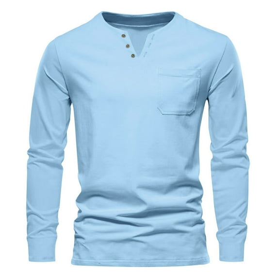 IYTR Mens Linen Shirts Fall/Winter Fashion Solid Color Long Sleeve Sweater Slim Fitness Athletic Tops Shirts Casual Button-Up V-Neck Sky Blue L