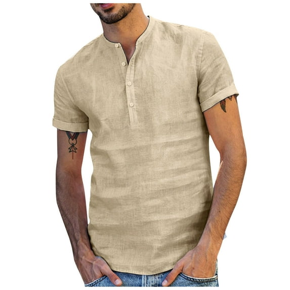 IYTR Mens Linen Shirts Solid Color Short Sleeve V Neck Button Shirts Casual Comfy Summer Tops Khaki S