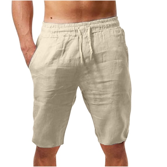 IYTR Mens Linen Shorts Casual Solid Color Elastic Waist Drawstring Straight Half Shorts Pants Beige L