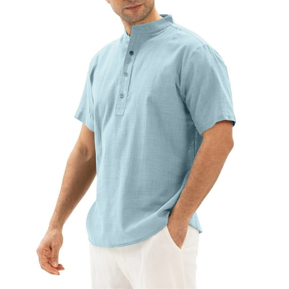 IYTR Mens Linen Textured Shirts Summer Solid Color Fashion Short Sleeve Shirts Stand-up Collar Button-up Regular Fit T-shirts Casual Comfy Light blue XXL
