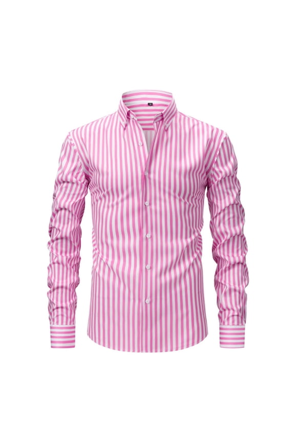 Mens Long Sleeve Button Down Shirts Business Casual Striped Shirt Comfy Work Office Dress Shirt (Pink,L)