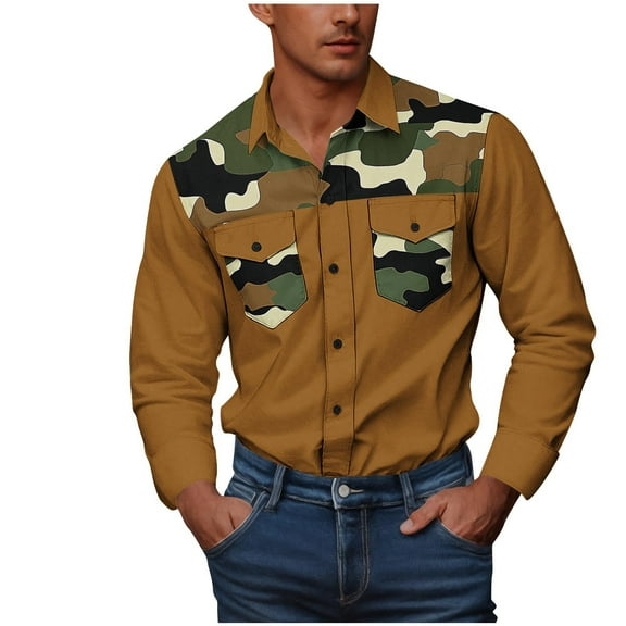 IYTR Mens Long Sleeve Button Down Shirts Casual Workout Western T-Shirts Loose Shirt Jacket for Outdoor (Gold,XL)