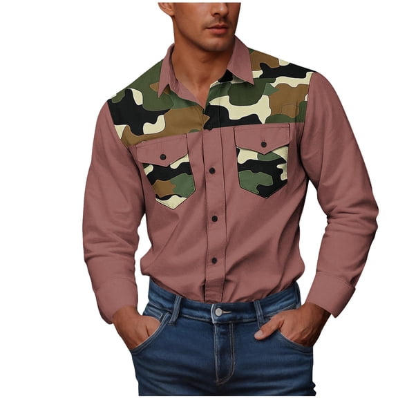 IYTR Mens Long Sleeve Button Down Shirts Casual Workout Western T-Shirts Loose Shirt Jacket for Outdoor (Pink,L)