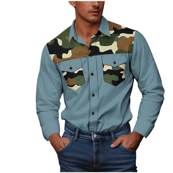 IYTR Mens Long Sleeve Button Down Shirts Casual Workout Western T-Shirts Loose Shirt Jacket for Outdoor (Sky Blue,XXXXL)