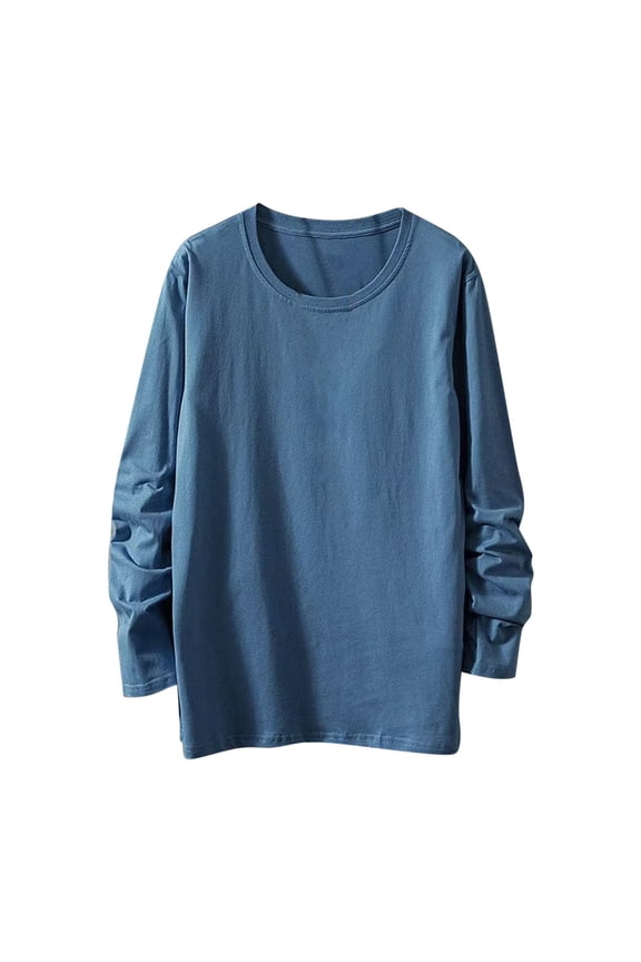 Mens Long Sleeve Shirt Plus Size Cotton Tshirts Solid Color Crew Neck Leisure Loose Fit Lightweight Spring Clothes Shirt (Blue,XXXXXL)