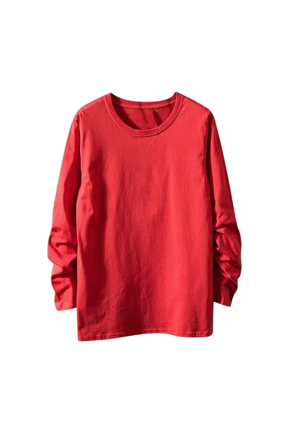 Mens Long Sleeve Shirt Plus Size Cotton Tshirts Solid Color Crew Neck Leisure Loose Fit Lightweight Spring Clothes Shirt (Red,XXL)