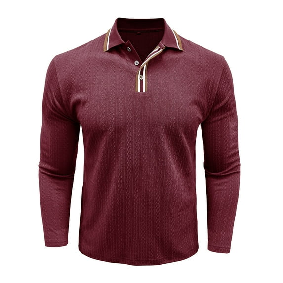 IYTR Mens Long Sleeve Shirts Lapel Collared Button Fall Fashion Business Casual Knitted Shirt Stylish (Wine,XL)