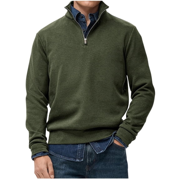 IYTR Mens Long Sleeve Tee Shirts Stand Up Collar Half Zipper Pullover Leisure Loose Fit Spring Clothes Lightweight Solid Color Shirt (Army Green,M)