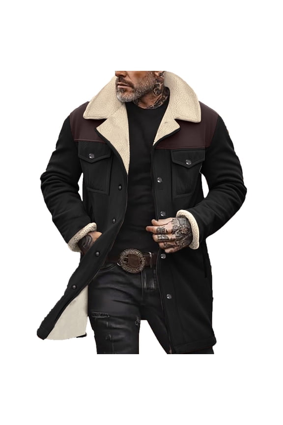Mens Long Trench Coat Vintage Fleece Jackets Western Long Sleeve Zip Up Jacket Leather Outdoor Motorcycle Trench Coat (Black,XXL)