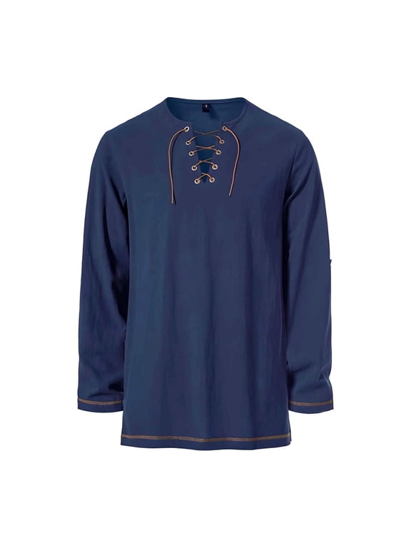 Mens Medieval Lace Up Long Sleeve Tunic Tops V Neck Strap Matching Belt Vintage Casual Shirt (Navy,S)