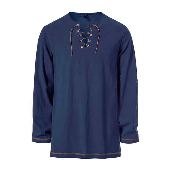 IYTR Mens Medieval Lace Up Long Sleeve Tunic Tops V Neck Strap Matching Belt Vintage Casual Shirt (Navy,XL)