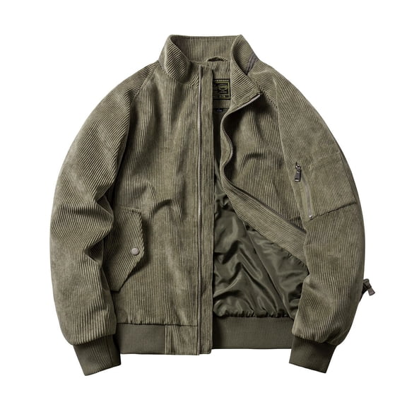 IYTR Mens Oversized Jackets Zipper Stand-up Collar Solid Color Loose Corduroy Vintage Jacket with Pocket Long Sleeve Jacket Army Green M