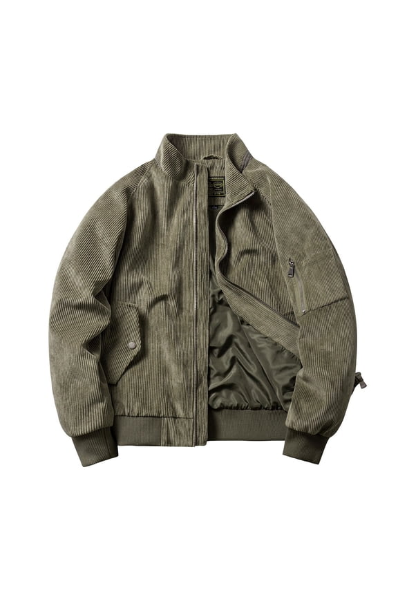 Mens Oversized Jackets Zipper Stand-up Collar Solid Color Loose Corduroy Vintage Jacket with Pocket Long Sleeve Jacket Army Green M