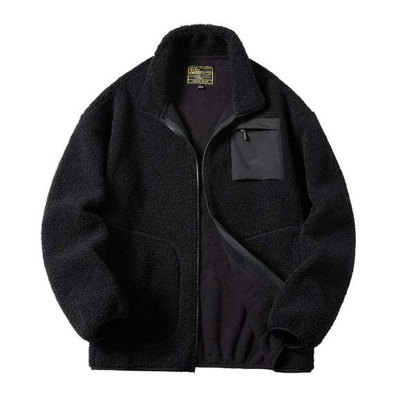 IYTR Mens Oversized Jackets Zipper Stand-up Collar Solid Color Loose Corduroy Vintage Jacket with Pocket Long Sleeve Jacket Black M