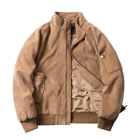 IYTR Mens Oversized Jackets Zipper Stand-up Collar Solid Color Loose Corduroy Vintage Jacket with Pocket Long Sleeve Jacket Khaki XXXL