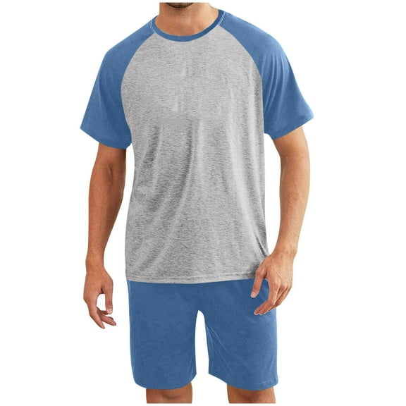 IYTR Mens Pajama Set Summer Casual Sleepwear Lightweight Short Sleeve T Shirts Shorts Soft Comfy Sleep Set (Light Blue,XXXL)