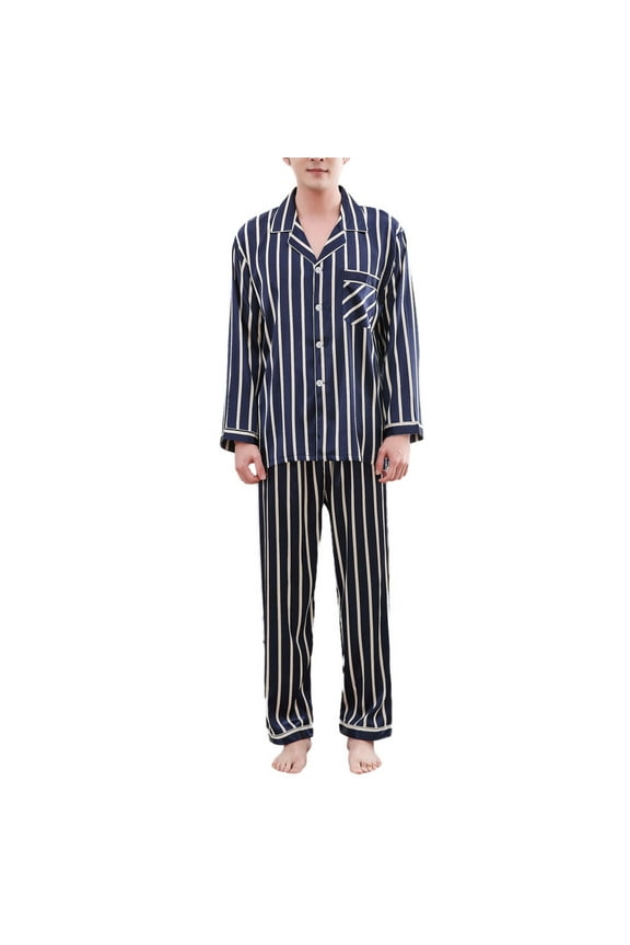Mens Pajamas Fashion Solid Color Shawl Collar Robe Bathrobe With Pocket Three Quarter Sleeve Soft Pajamas Blue XXL