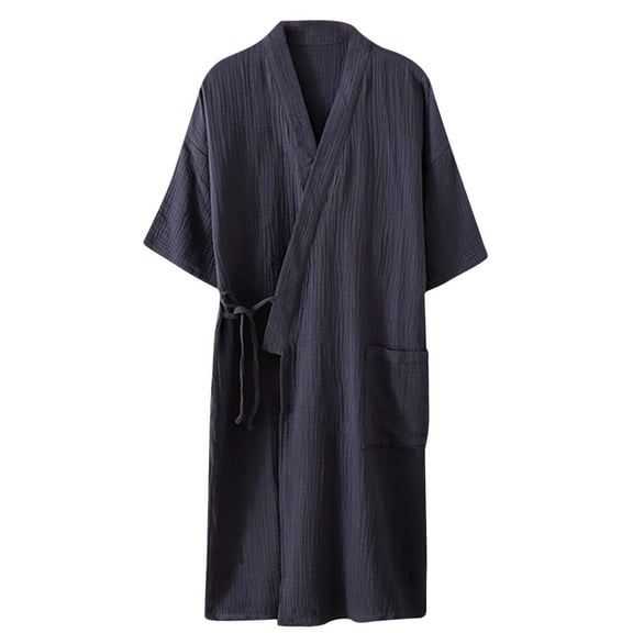 IYTR Mens Pajamas Fashion Solid Color Shawl Collar Robe Bathrobe With Pocket Three Quarter Sleeve Soft Pajamas Navy XXL