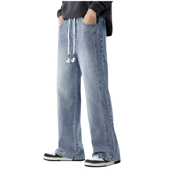 IYTR Mens Pants Casual Drawstring Straight Legs Jeans Trousers Baggy Pants Casual Hiking Comfy Solid Color Sweatpants Fashion Trousers (Light Blue,M)