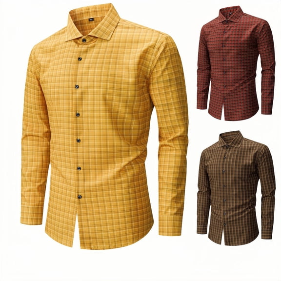 IYTR Mens Plaid Dress Shirts Business Casual Long Sleeve Button Down Shirts Regular Fit Turndown Collar Shirt (Brown,S)