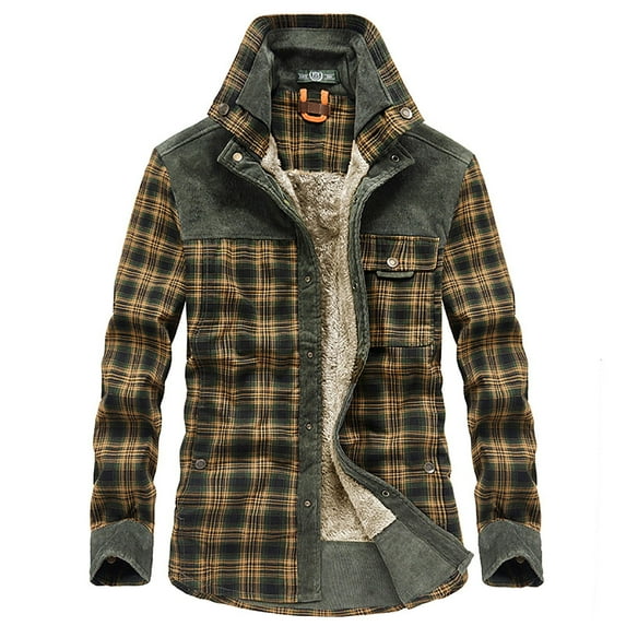 IYTR Mens Plus Velvet Shirt Jacket Button Up Turndown Collar Jacket Plaid Long Sleeve Loose Warm Winter Shirts Coat with Pockets Army Green XXXXL