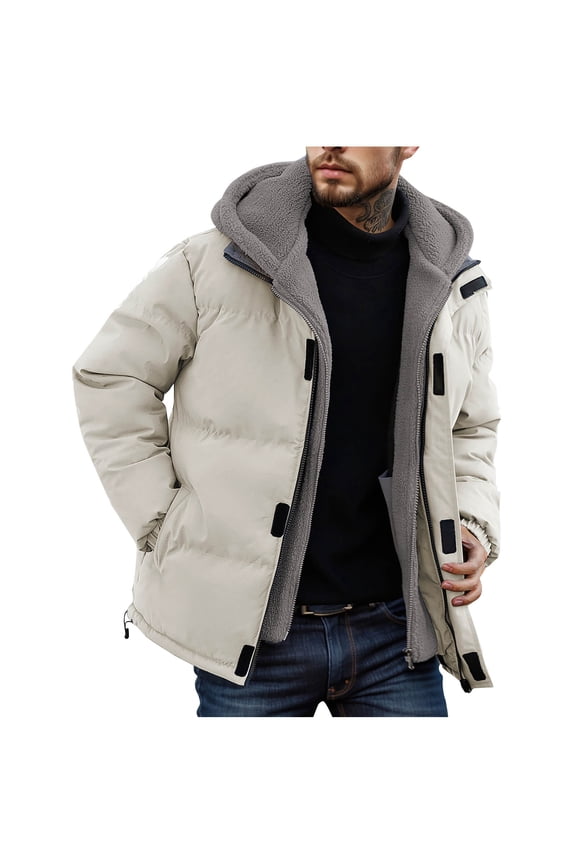 Mens Puffer Jacket Hooded Fake Two Pieces Thickened Windproof Down Coats Winter Warm Zip Up Jacket Outwear (Beige,M)