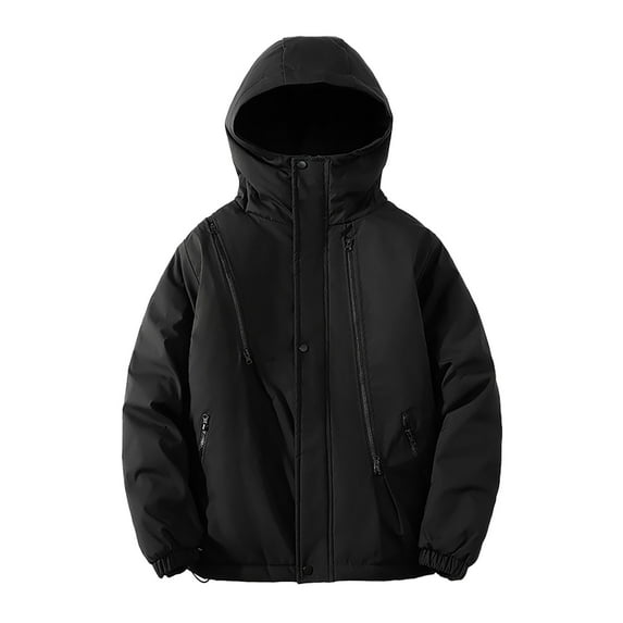 IYTR Mens Puffer Jacket Hooded Winter Warm Zip Up Jacket Long Sleeve Solid Color Windproof Insulated Coat Outwear (Black,XXL)